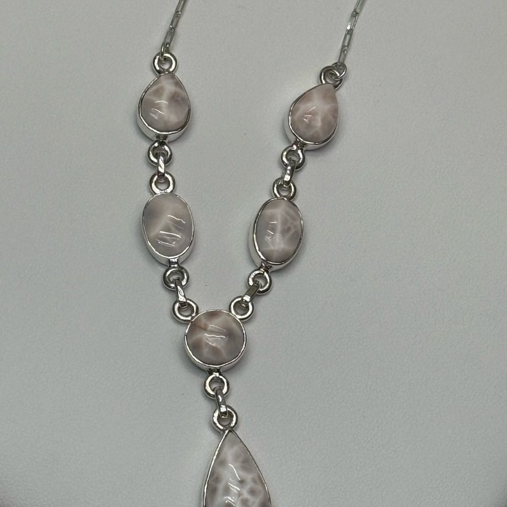 NLP1 Genuine Pink Larimar (Natrolite) Lariat Necklace Paperclip Necklace S925 - Picture 6 of 9